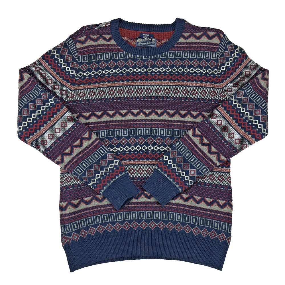 American Rag Mens Medium Blue Red Fair Isle Geometric Crewneck Knit Sweater